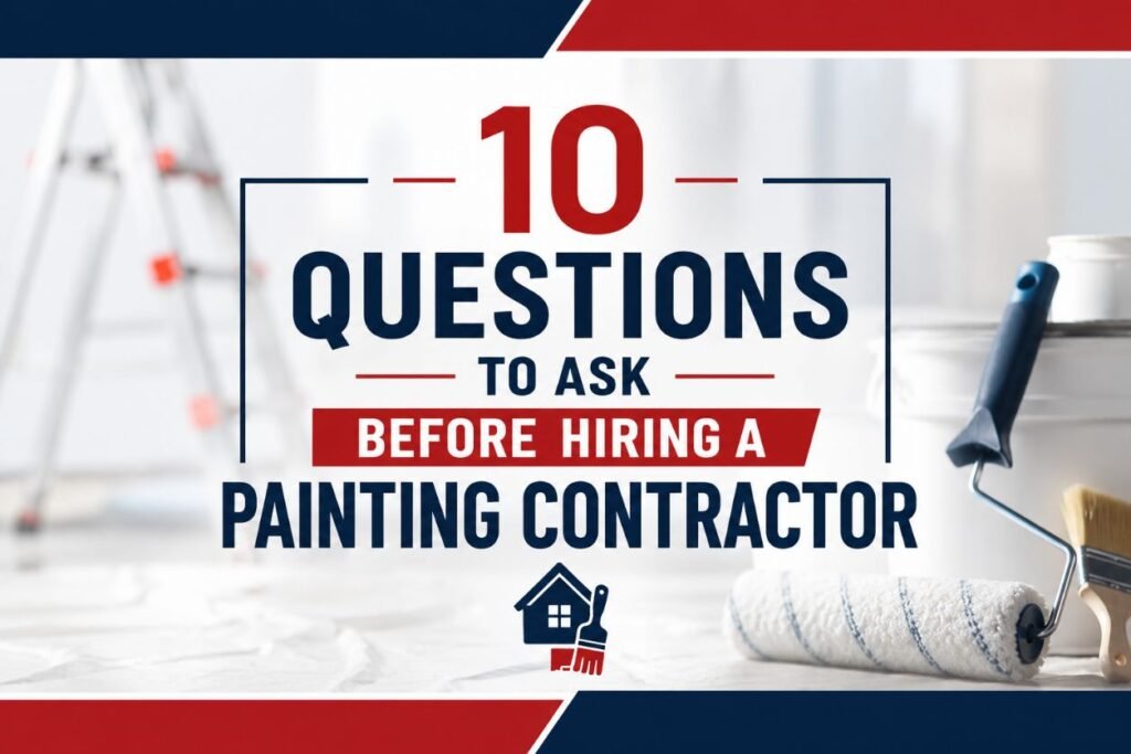 Painting tools and supplies with text about 10 questions to ask before hiring a painting contractor