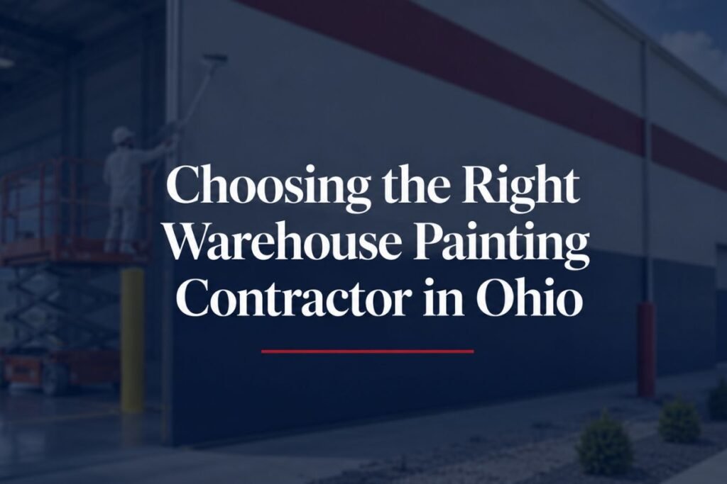 Warehouse painting contractor in Ohio applying industrial paint to a commercial warehouse exterior