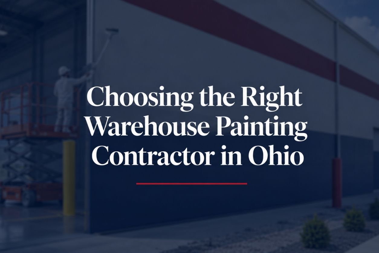 Warehouse painting contractor in Ohio applying industrial paint to a commercial warehouse exterior