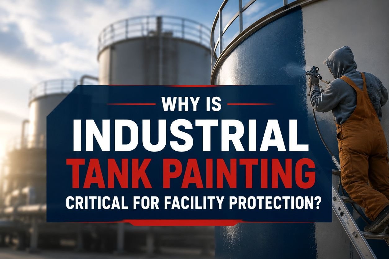 Worker applying protective coating to a large industrial storage tank with blurred refinery tanks and industrial facility in the background, illustrating the importance of industrial tank painting for corrosion prevention, asset protection, and facility maintenance.
