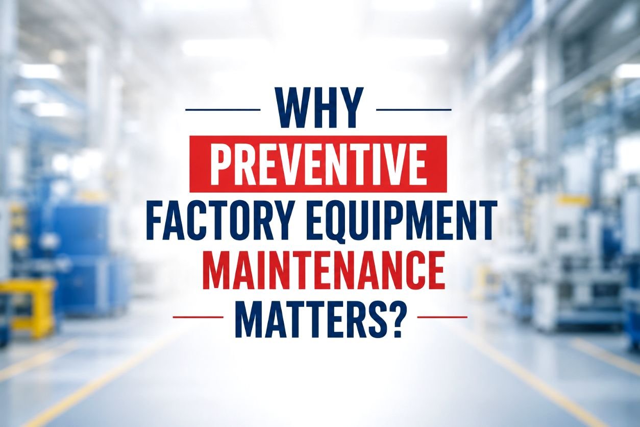 Preventive factory equipment maintenance helping improve reliability, reduce downtime, and support efficient manufacturing operations
