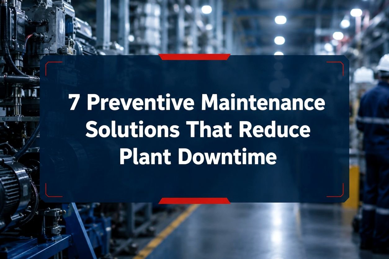 Preventive maintenance solutions reducing plant downtime with industrial machinery and technician in a manufacturing facility