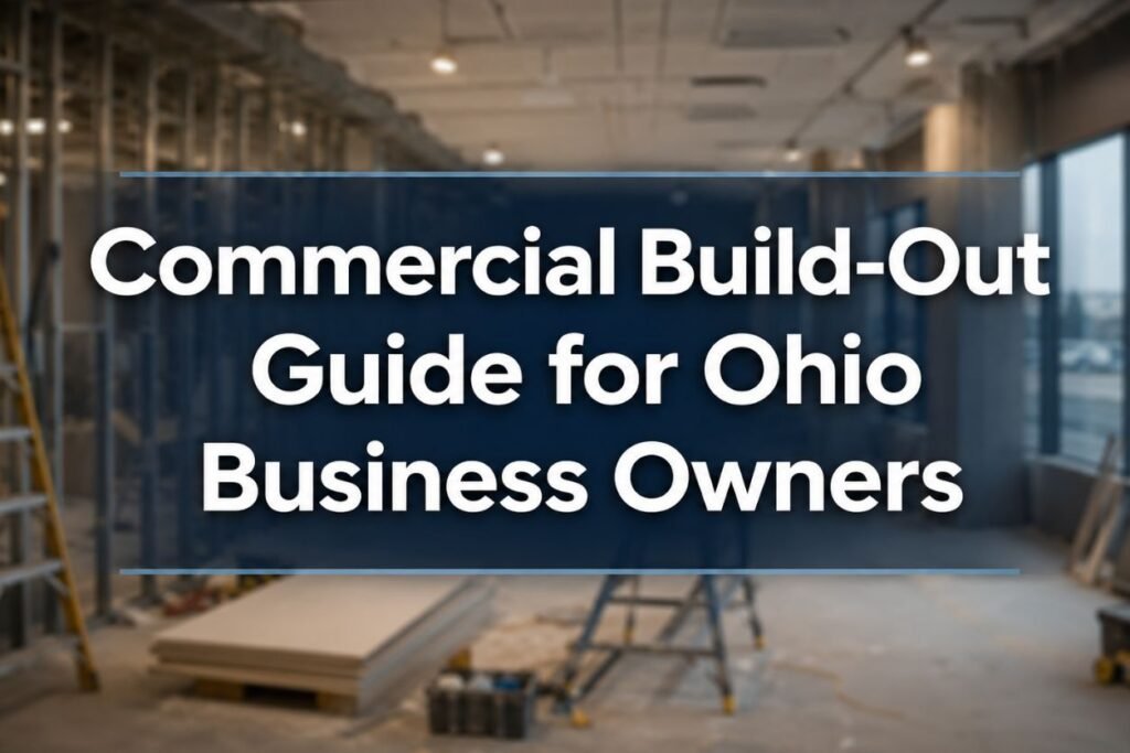 Blurred interior commercial construction space with framing and materials, featuring the title Commercial Build-Out Guide for Ohio Business Owners.