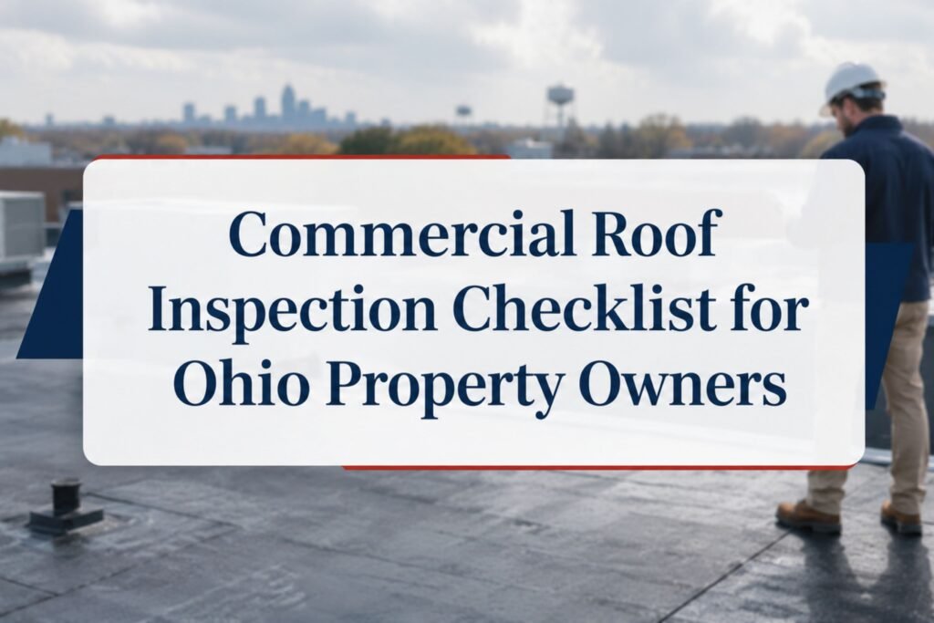 Commercial roof inspection checklist for Ohio property owners with inspector standing on a flat commercial rooftop
