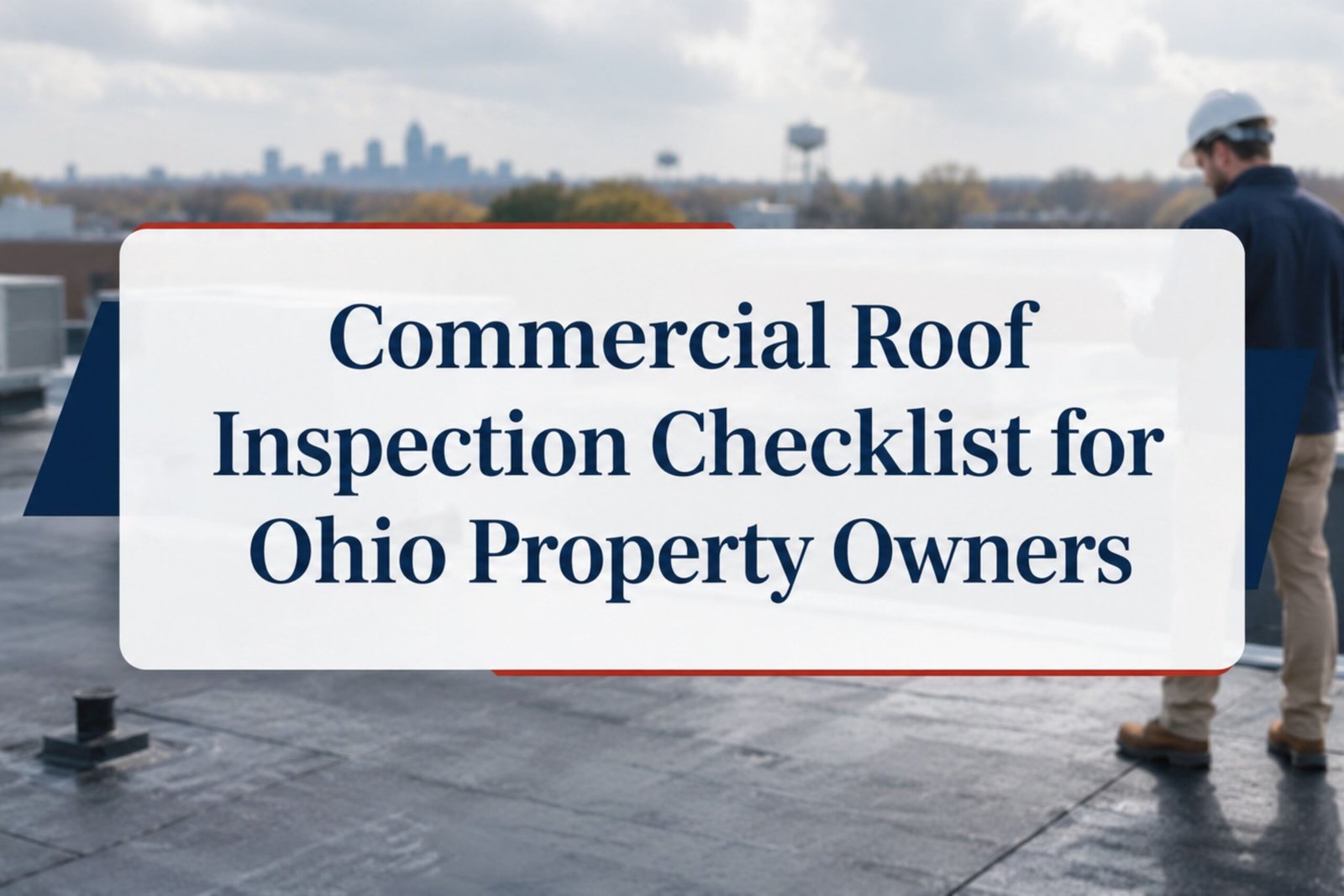 Commercial roof inspection checklist for Ohio property owners with inspector standing on a flat commercial rooftop