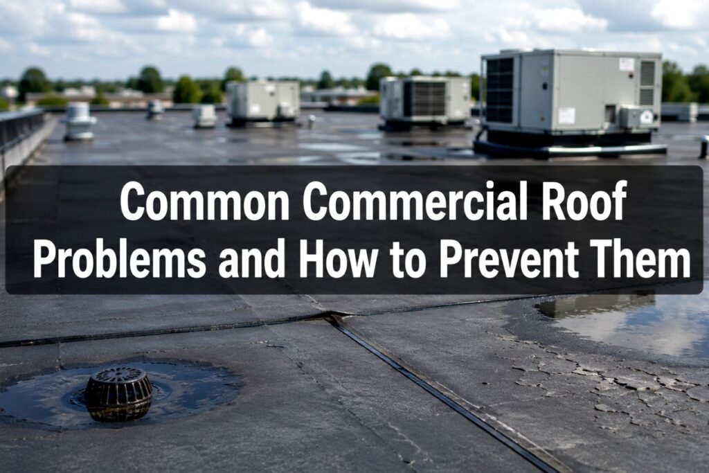 Flat commercial roof with visible ponding water, membrane wear, and rooftop HVAC units, illustrating common commercial roof problems and prevention.