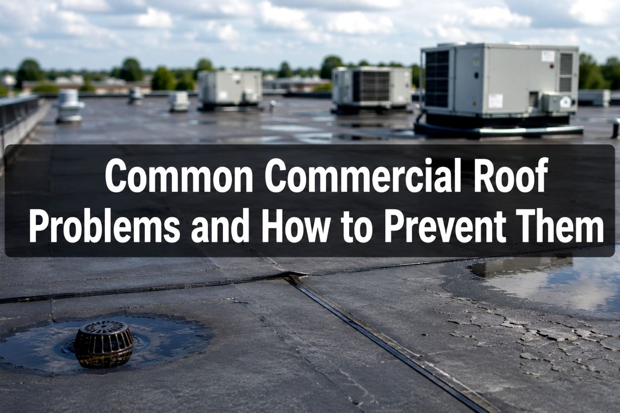 Flat commercial roof with visible ponding water, membrane wear, and rooftop HVAC units, illustrating common commercial roof problems and prevention.