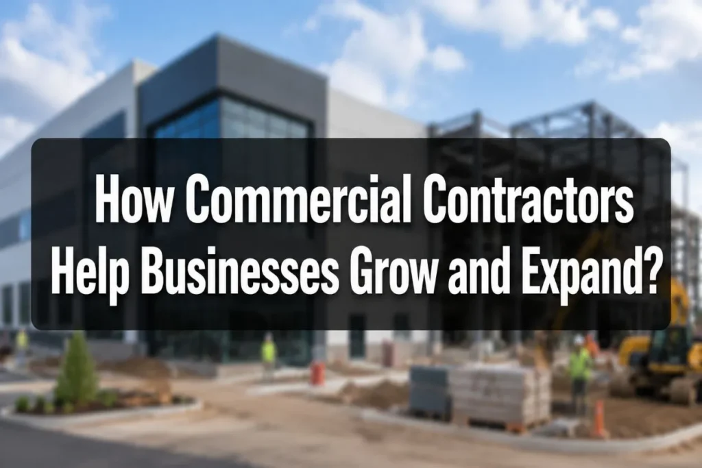 Blurred background image of a commercial construction project with the title about how commercial contractors help businesses grow and expand.