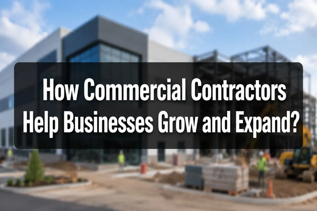 Blurred background image of a commercial construction project with the title about how commercial contractors help businesses grow and expand.