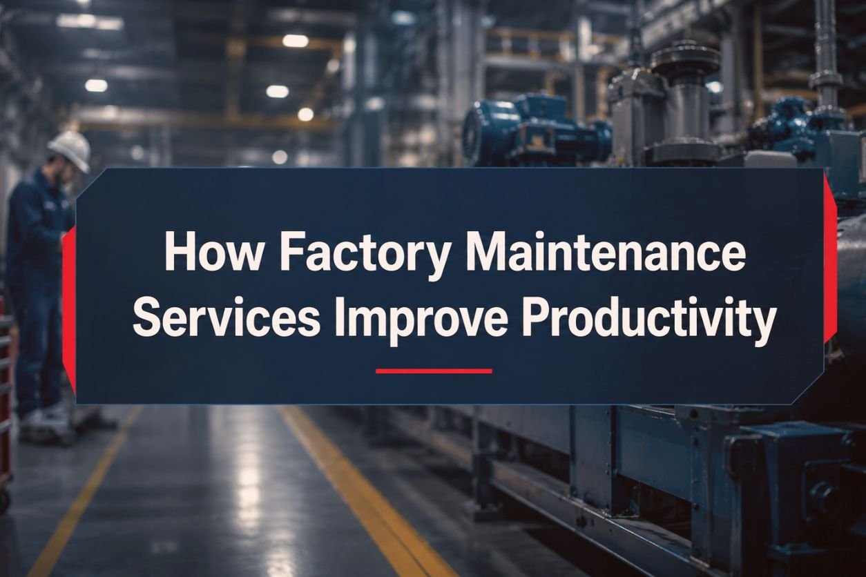 Factory maintenance services improving productivity with industrial equipment and technician in a manufacturing facility