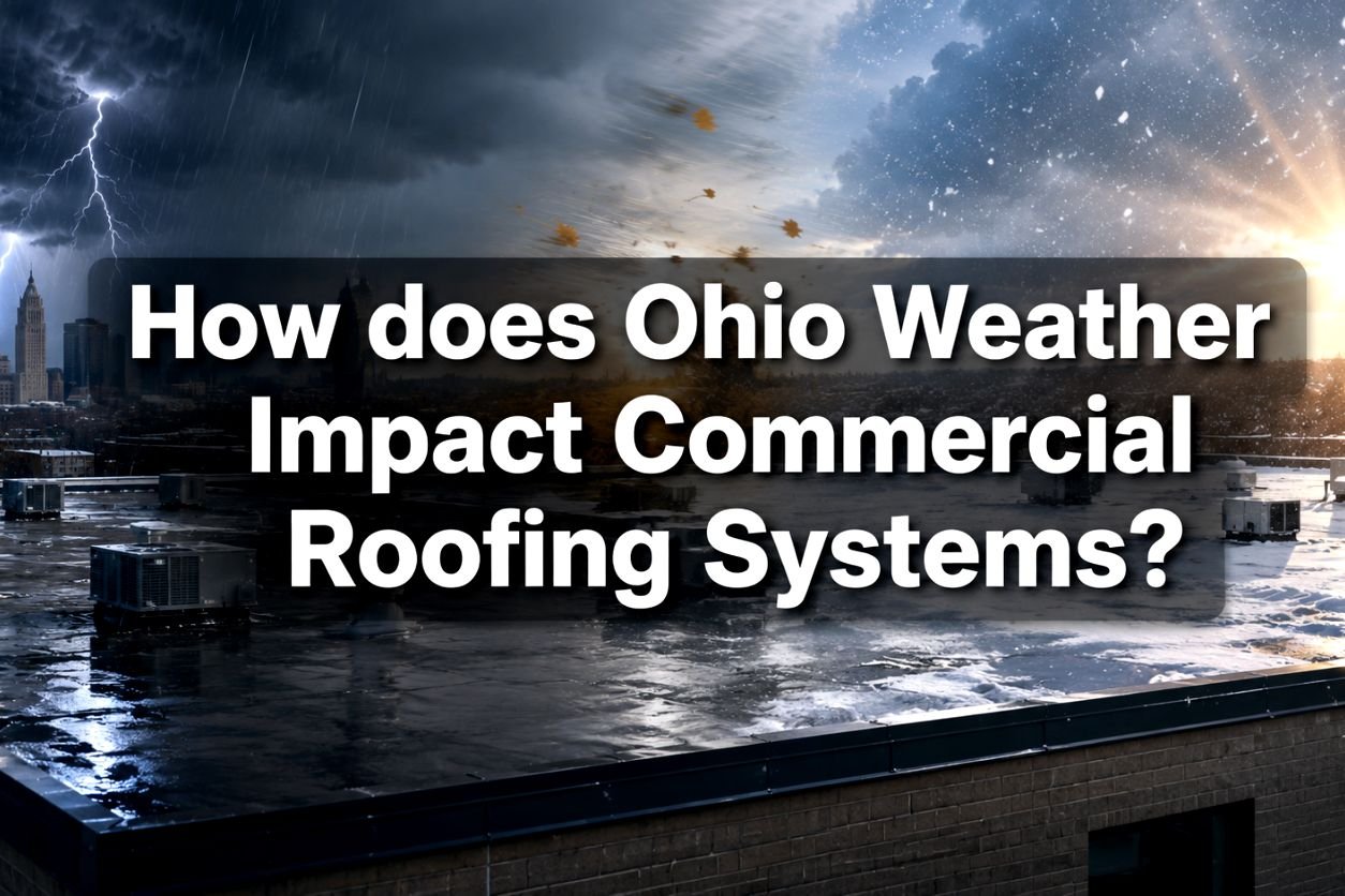 Commercial flat roof exposed to rain, wind, snow, and sunlight, showing how Ohio weather impacts commercial roofing systems.