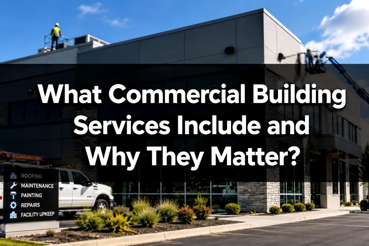 Commercial building undergoing roofing, painting, repairs, and exterior maintenance by professional facility service crews.