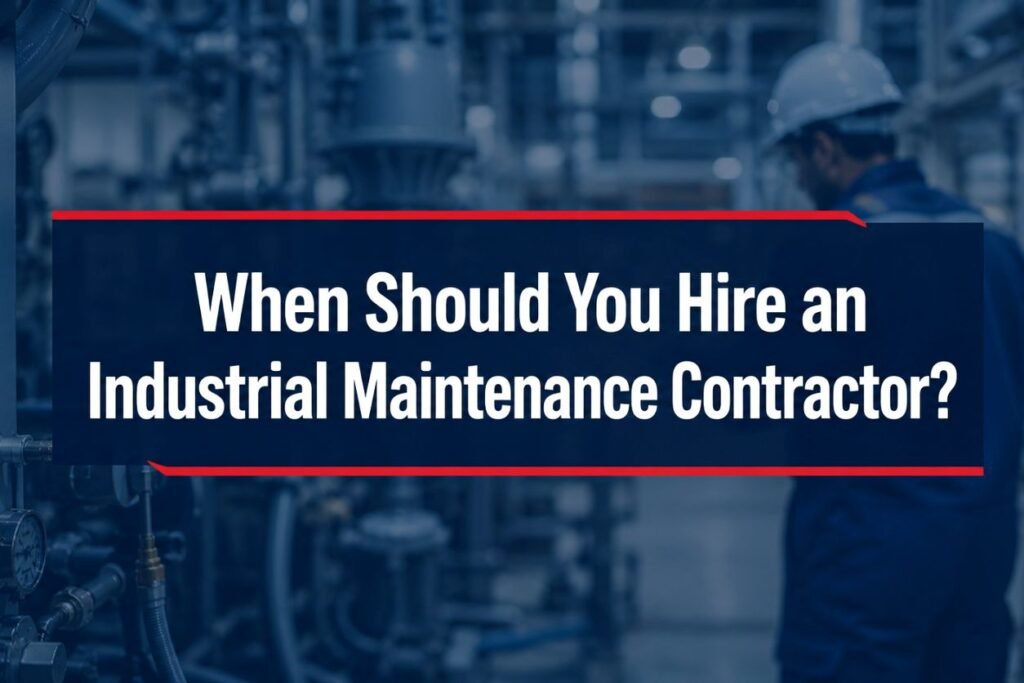 Industrial maintenance contractor inspecting equipment in a manufacturing facility with machinery and piping background