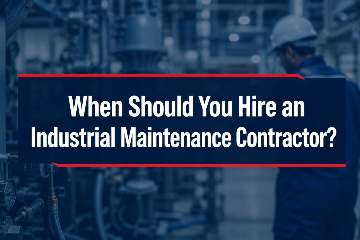 Industrial maintenance contractor inspecting equipment in a manufacturing facility with machinery and piping background