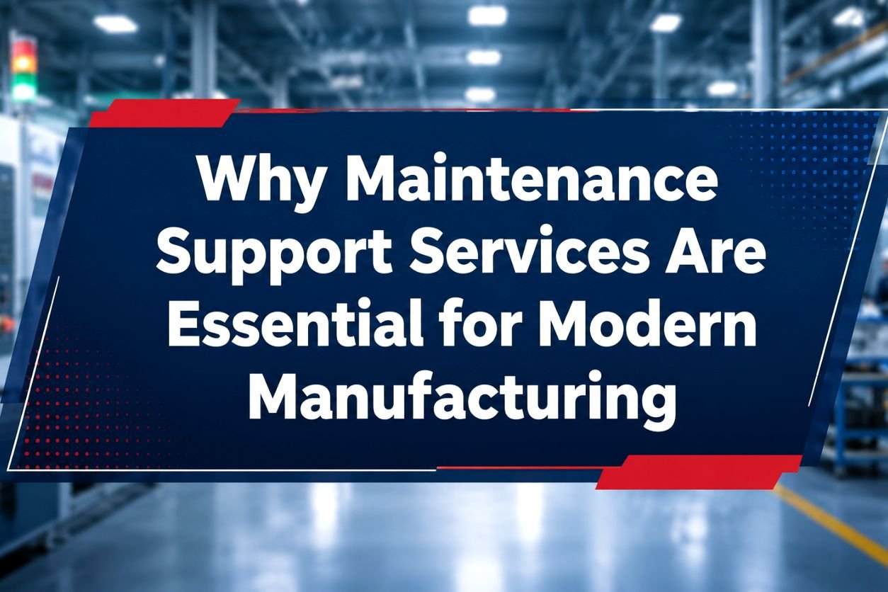 Maintenance support services in a modern manufacturing facility with industrial equipment and technicians in the background