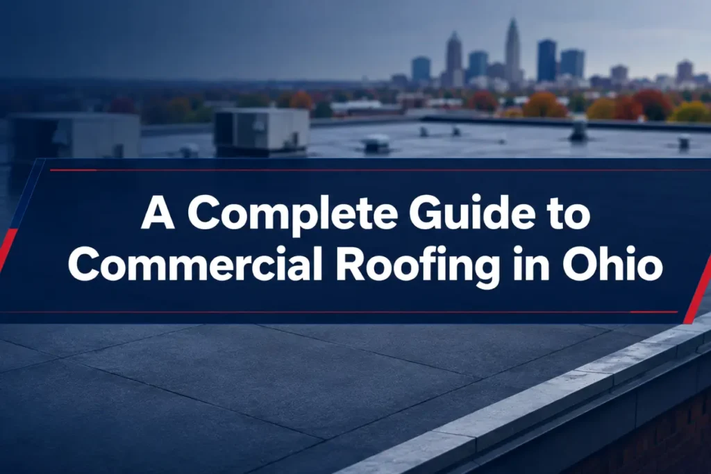 Blurred commercial flat roof with an Ohio city skyline in the background, featuring the title “A Complete Guide to Commercial Roofing in Ohio.”