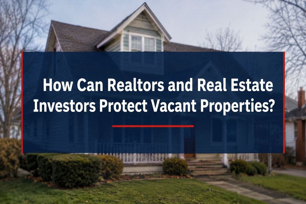 Blurred image of a vacant residential property with the article title “How Can Realtors and Real Estate Investors Protect Vacant Properties?” displayed in the center using dark blue and red brand colors.