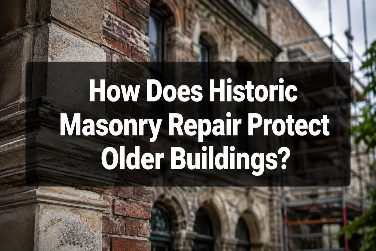Blurred background of an older masonry building with brick and stone details under restoration, featuring the title “How Does Historic Masonry Repair Protect Older Buildings?” in the center.
