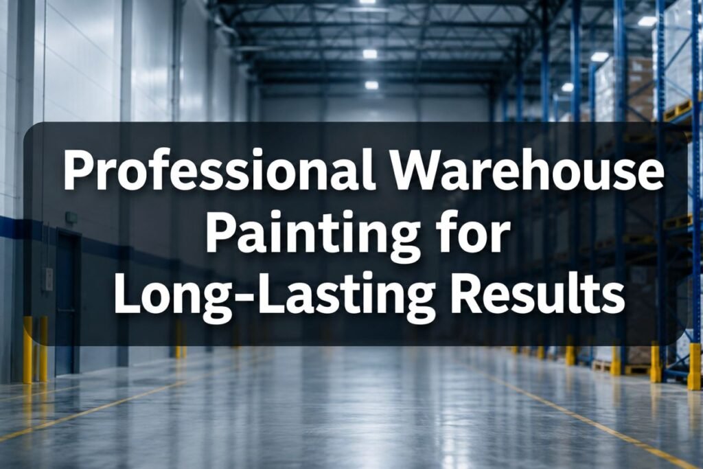 Blurred warehouse interior with storage racks and polished floors, featuring the title “Professional Warehouse Painting for Long-Lasting Results” in the center.