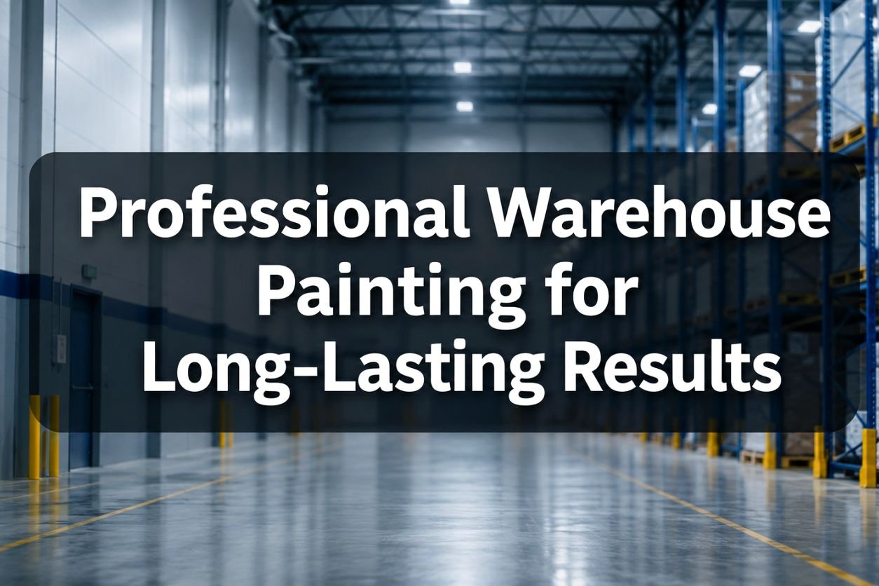 Blurred warehouse interior with storage racks and polished floors, featuring the title “Professional Warehouse Painting for Long-Lasting Results” in the center.