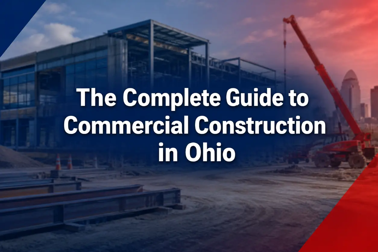 Featured image for an article about commercial construction in Ohio, showing a blurred commercial building jobsite with steel framing, a crane, and bold title text in the center using Five Star brand colors.