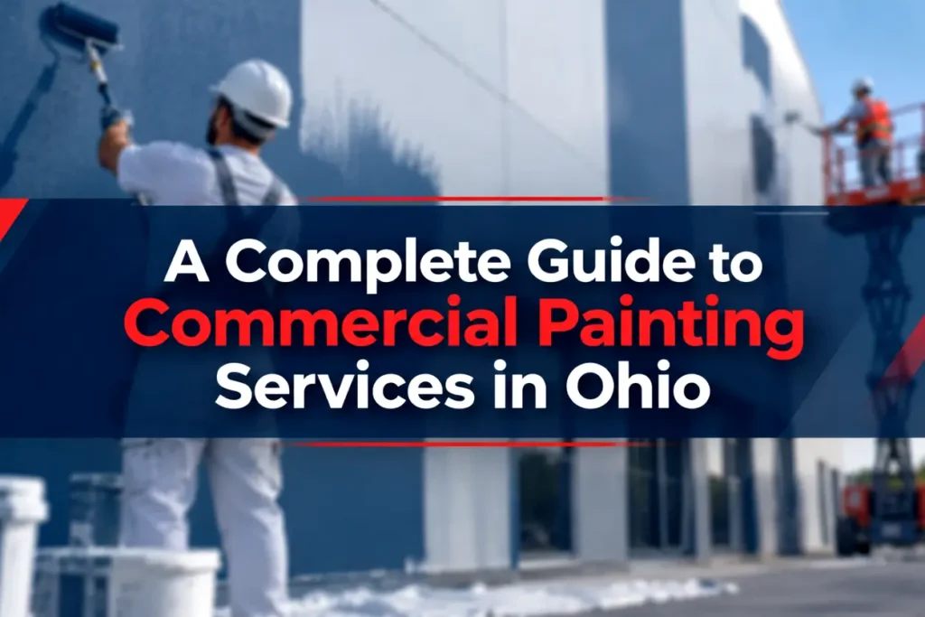 Featured image for an article about commercial painting services in Ohio, showing a blurred commercial building exterior with professional painters working on the property and the article title displayed prominently in front using Five Star brand colors.