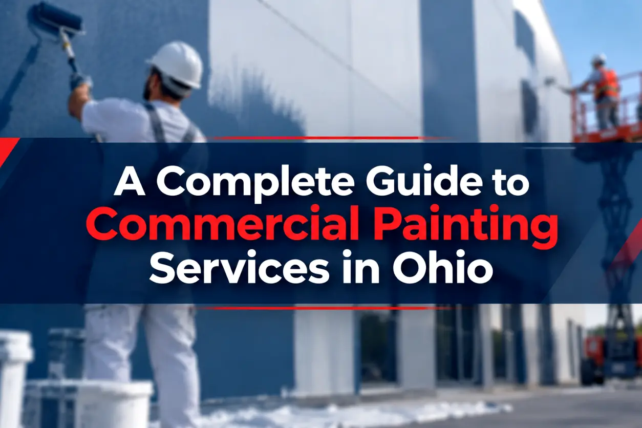 Featured image for an article about commercial painting services in Ohio, showing a blurred commercial building exterior with professional painters working on the property and the article title displayed prominently in front using Five Star brand colors.