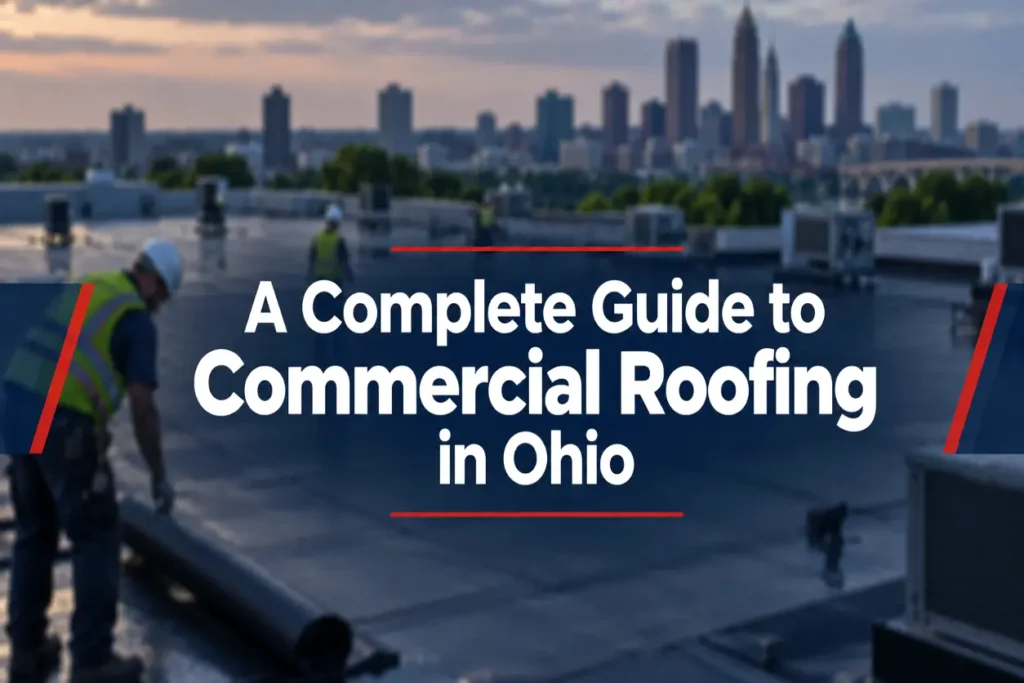 Featured image for a commercial roofing article in Ohio, showing a blurred rooftop work scene with commercial roofing workers, rooftop equipment, and an Ohio city skyline in the background, with the article title centered in front using Five Star brand colors.