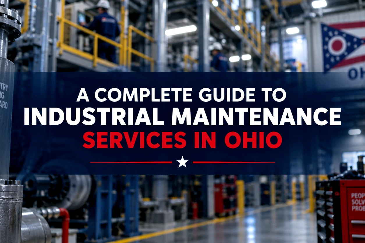 Featured image for an article about industrial maintenance services in Ohio, showing a blurred industrial facility interior with machinery, maintenance equipment, workers in the background, and the article title centered prominently in front using Five Star brand colors.