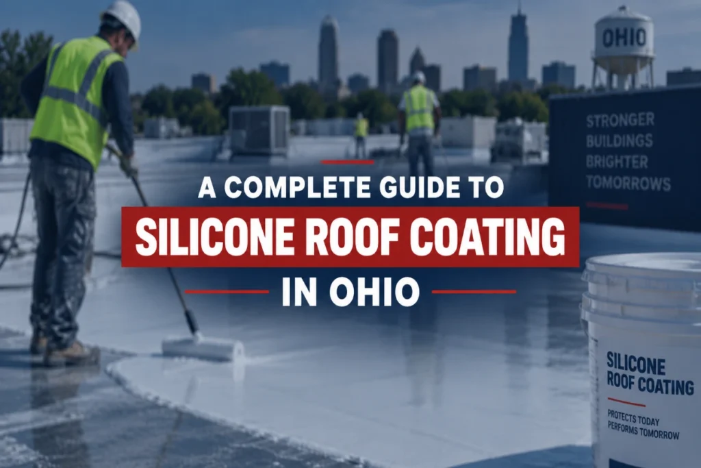 Featured image for an article about silicone roof coating in Ohio, showing a blurred commercial rooftop with workers applying a silicone roof coating and the article title centered in front using Five Star brand colors.