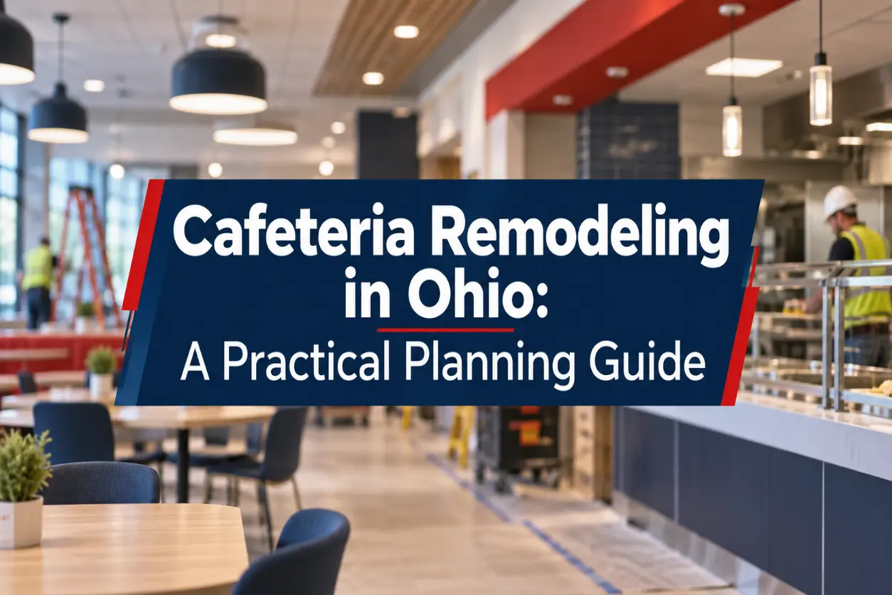 Commercial cafeteria remodeling project in Ohio featuring a modern dining area, serving counter, and renovation work in progress, with the article title “Cafeteria Remodeling in Ohio: A Practical Planning Guide.”