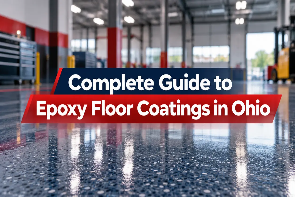Featured image for an article about epoxy floor coatings in Ohio, showing a blurred industrial or commercial interior with a glossy epoxy-coated floor in the foreground and the article title displayed prominently in the center using Five Star brand colors.