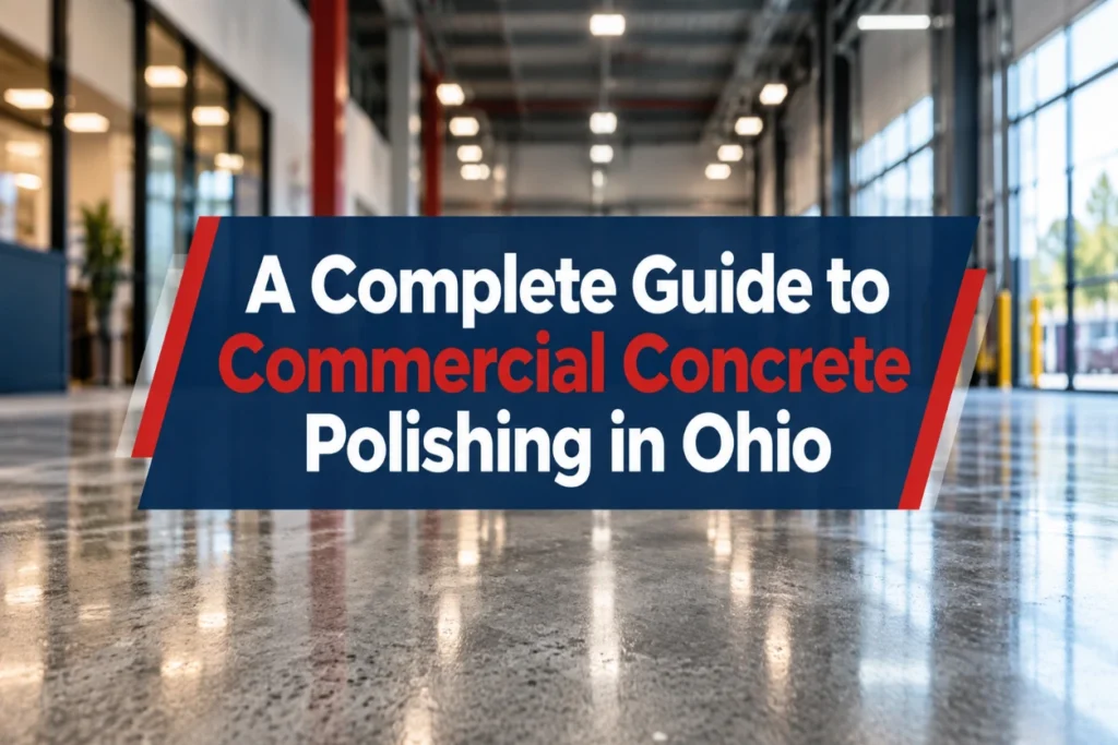 Featured image for an article about commercial concrete polishing in Ohio, showing a polished concrete floor inside a modern commercial or industrial facility with the article title prominently displayed in Five Star brand colors.