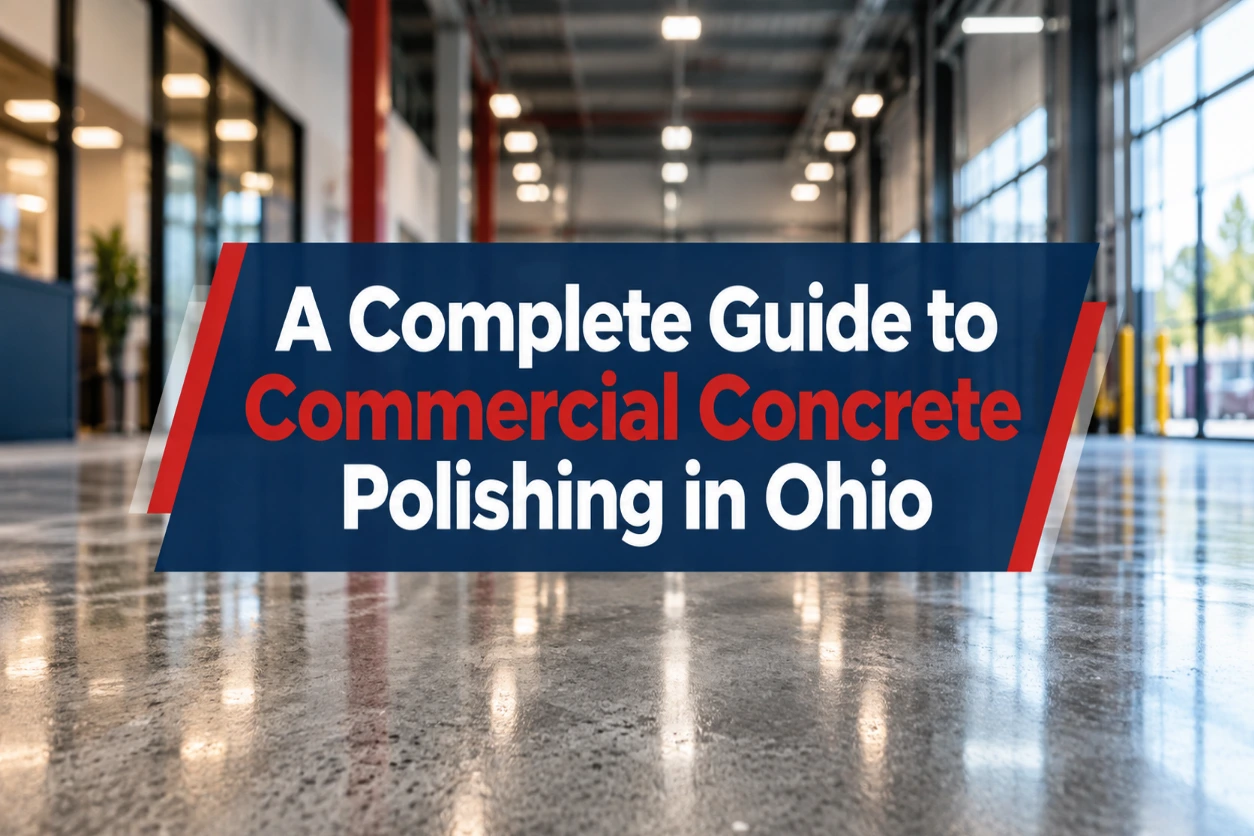 Featured image for an article about commercial concrete polishing in Ohio, showing a polished concrete floor inside a modern commercial or industrial facility with the article title prominently displayed in Five Star brand colors.
