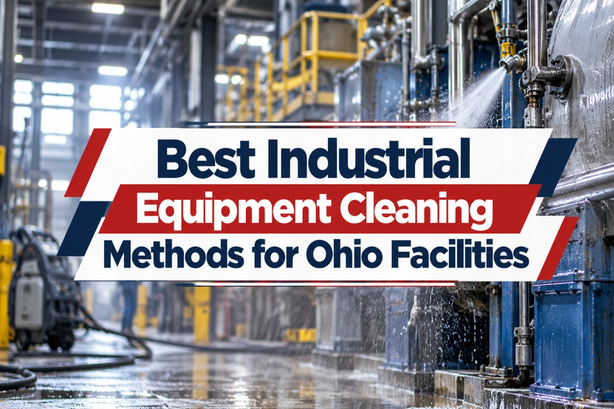 Featured image for an article about industrial equipment cleaning methods in Ohio, showing machinery and industrial surfaces being cleaned inside a manufacturing facility, with the article title displayed prominently in Five Star brand colors.