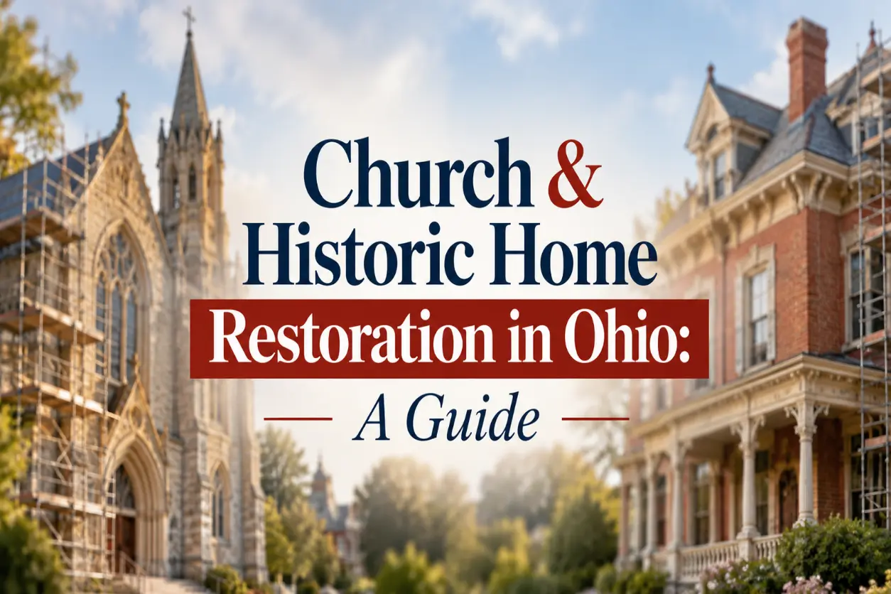 Featured image for an article about church and historic home restoration in Ohio, showing a historic church and Victorian-style home undergoing exterior restoration with scaffolding, using a clean professional layout and the article title centered in front.