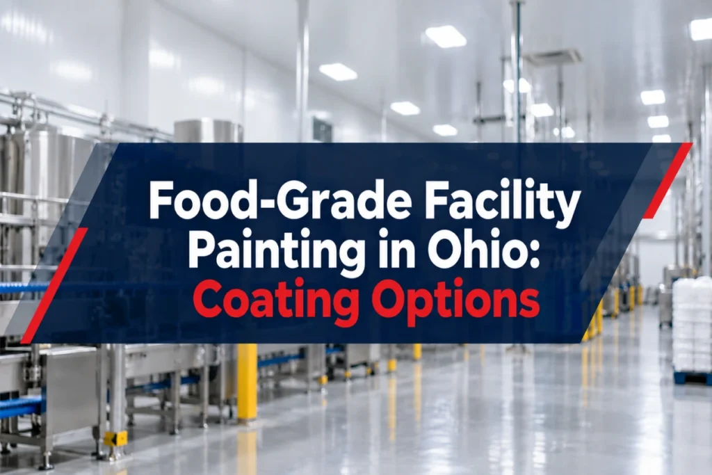 Food-grade facility painting and industrial coating options in Ohio, featuring a clean food processing facility with stainless steel equipment, sanitary walls, and coated floors.