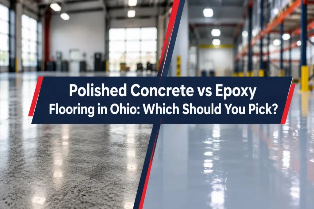 Featured image comparing polished concrete and epoxy flooring in an Ohio commercial or industrial facility, with polished concrete shown on one side and a smooth epoxy-coated floor on the other.